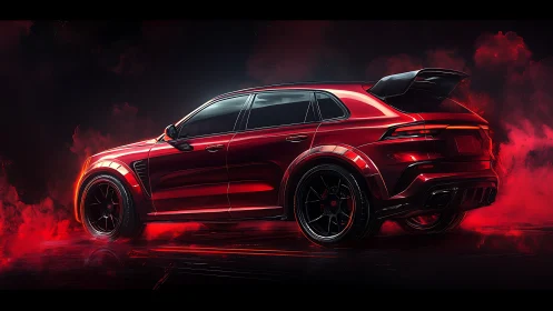Crimson night street racer SUV glowing in smoky light.
