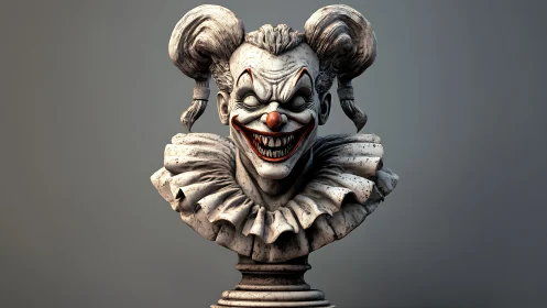 Grotesque clown bust with sinister grin in moody lighting.