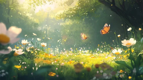 Sunlit meadow ballet with monarchs and whispering wildflowers.