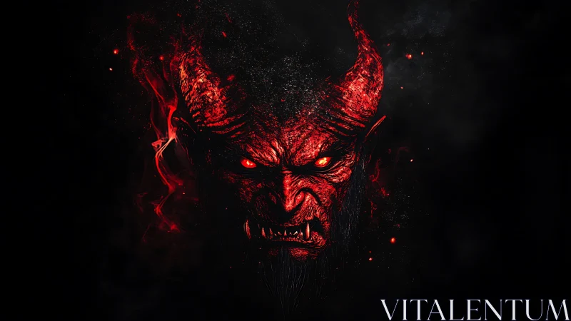 Red horned demonic head emerging from dark background.