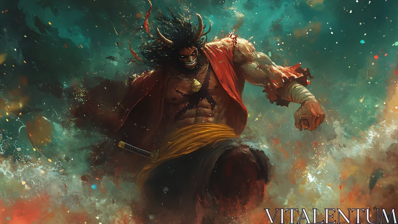 Storm-born warrior strides through fire with fierce resolve