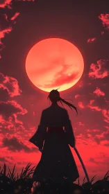 Backlit swordsman silhouette under oversized red sun disk