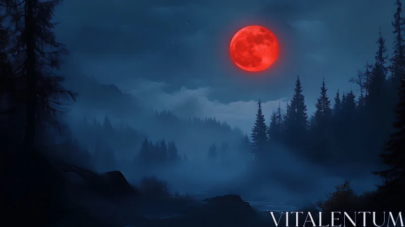 Red full moon over misty conifer forest at night.