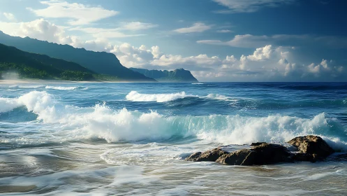 Dynamic coastal surf against lush volcanic headland at dusk