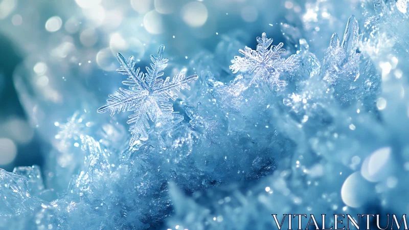 Macro crystalline snowflakes in luminous blue bokeh field.