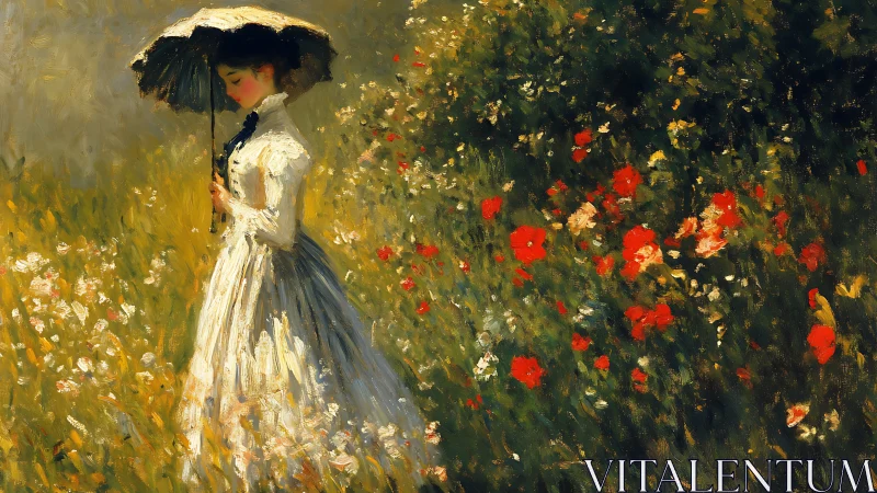 Woman with parasol walking through sunlit flower meadow.
