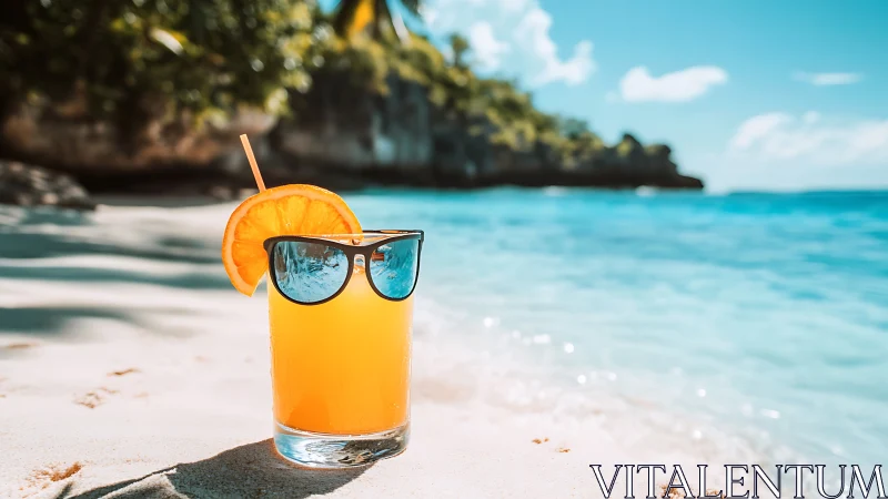 Tropical Beach Cocktail with Orange Slice and Sunglasses
