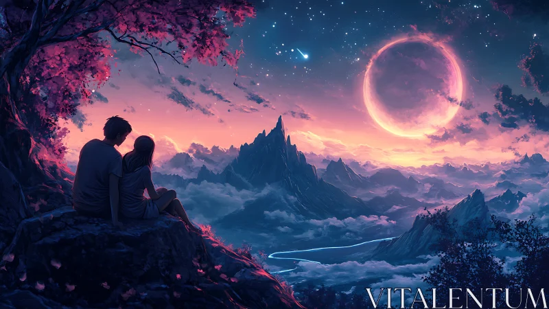 Ethereal Couple Contemplating Luminous Moon Above Surreal Mountain Landscape