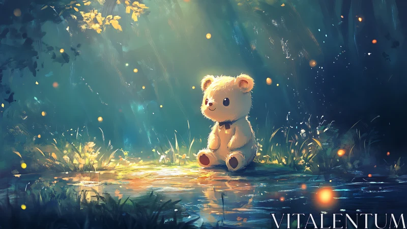 Backlit plush bear in volumetric forest light with glowing particles