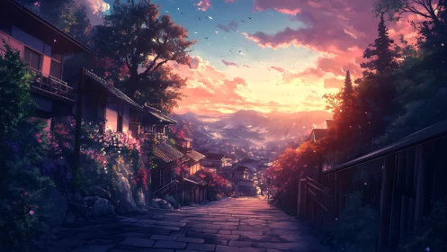 Sunset hillside village street with glowing pastel sky.