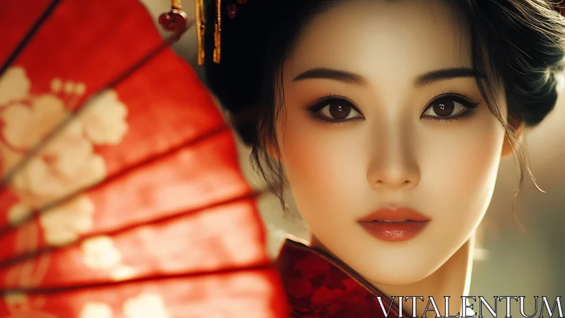 Digital portrait of elegant woman with red floral fan.