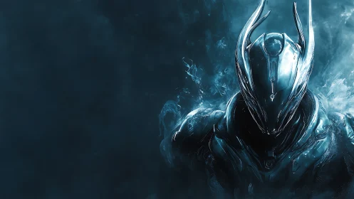 Cryogenic exosuit sentinel in asymmetric ultrablue vapor field.