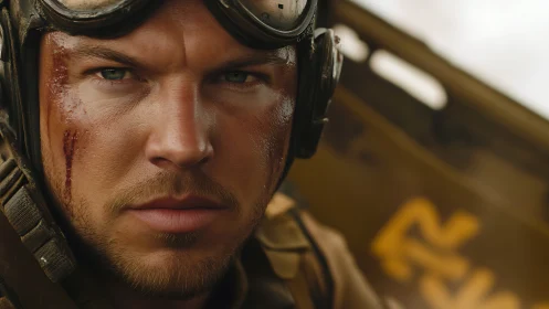 Battle-worn pilot meets the viewer with steady, fearless focus