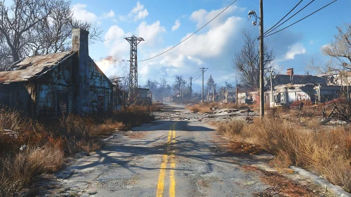 Abandoned suburban road lined with ruined houses in ruins.