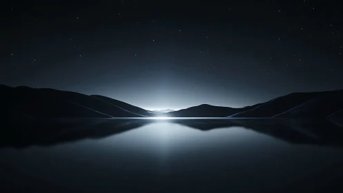 Midnight horizon glow reflects over still mountain lake