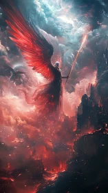 Armored seraphim warrior with flaming sword above infernal abyss