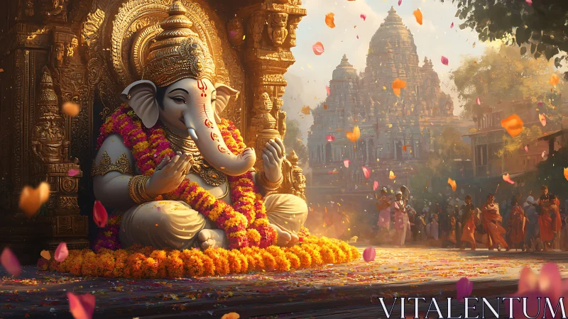 Ganesh idol in ornate temple courtyard with floral dispersion.