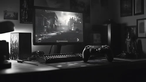 Monochrome gamer workstation with controller foreground focus.