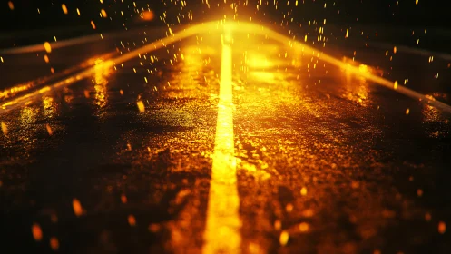 Wet city road reflects intense golden backlit rainfall