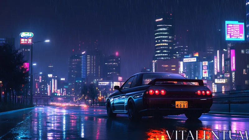Retro sports coupe in neon‑lit rainy megacity streetscape.