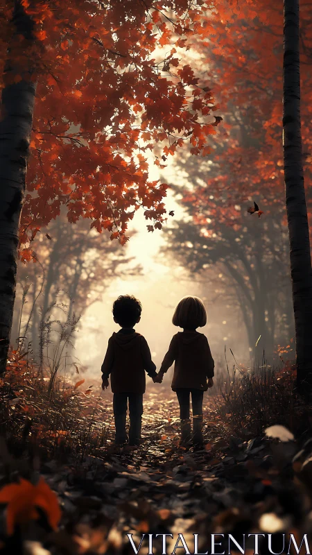 Two Silhouetted Children Hand-in-Hand Under Autumnal Canopy Path.