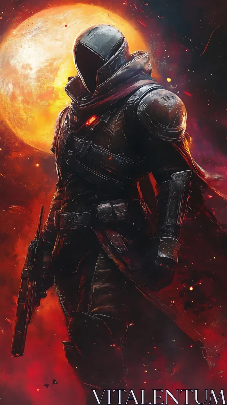 Lone sci fi warrior strides forward under a blazing full moon