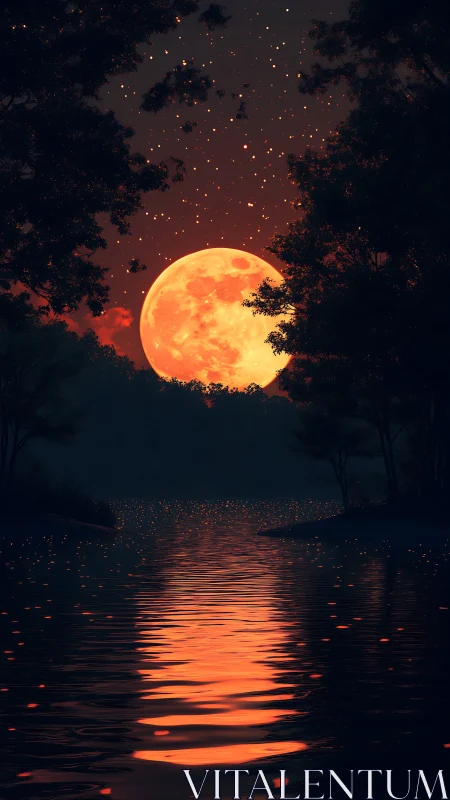 Lunar-reflective lake under dense forest canopy at dusk.