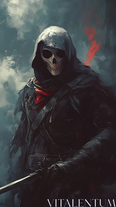Hooded skeletal warrior in dark cloak holding blade.