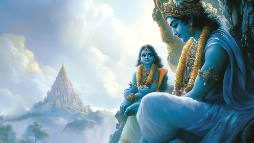 Blue-skinned divine figures sit on cliffside facing distant temple