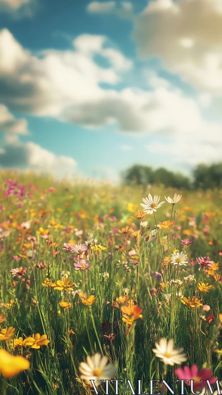 Sun-drenched wildflower choir under drifting storybook clouds.