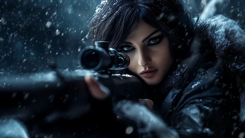 Winter Sniper: Tactical Portrait in Falling Snow