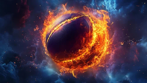 Cosmic fireball basketball ignites across a stormy nebula sky.