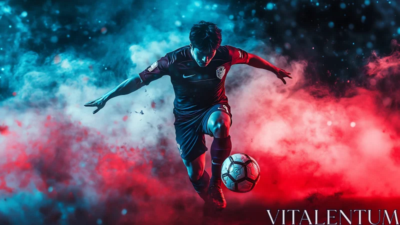 Digital render shows soccer player controlling ball in smoke