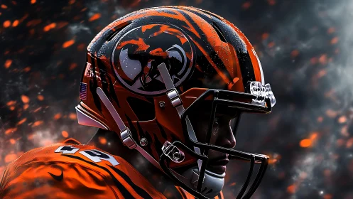 Fiery football helmet glows as a focused player readies for impact