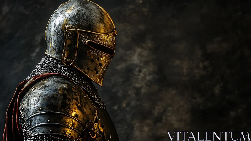 Golden armored knight waits in shadowed medieval silence