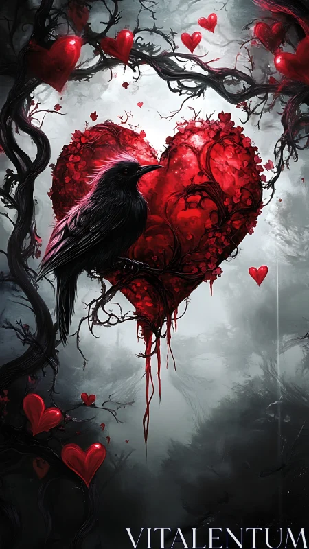 Black Raven Perched on Crimson Heart Among Thorned Branches.