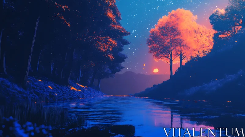 Neon-lit river flows between dark forest and glowing trees