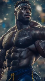 Hyper-defined muscular athlete in dramatic lighting portrait.