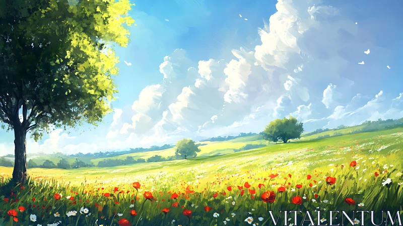 Sunlit wildflower meadow under bright blue summer sky.