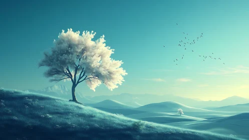 Solitary frosted tree on rolling teal hills at sunrise.