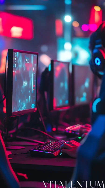 Esports gamer focuses in neon-lit competitive arena setup.