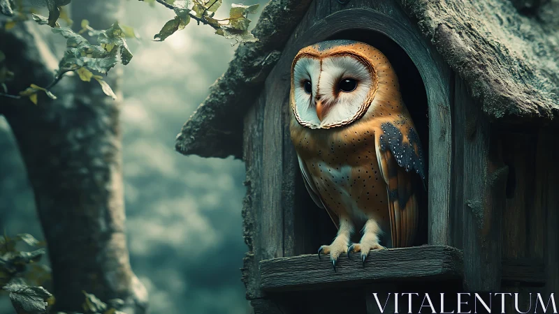 Barn owl perched in rustic wooden house, enchanting forest mood.