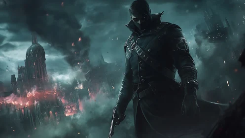 Masked soldier in burning dystopian cityscape at night.