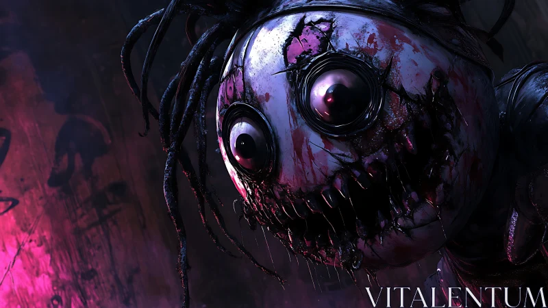 Horror puppet close-up with stitched mouth and bulging eyes.