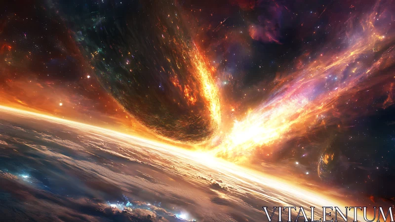 Planetary firestorm engulfs orbit in radiant cosmic impact.
