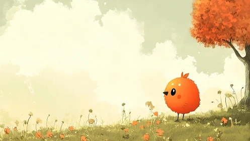 Spherical Avian Character in Autumn Landscape with Volumetric Atmospheric Rendering