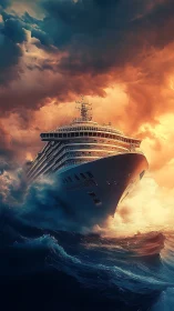 Cruise ship bow cutting through storm waves at sunset.