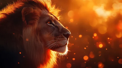 High-detail lion profile rendered in warm backlit bokeh environment