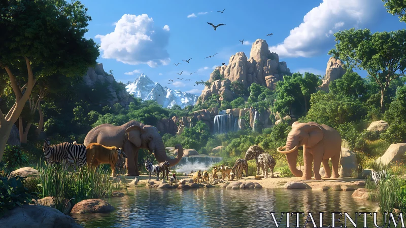 Sunlit savanna orchestra gathers at a crystal jungle pool