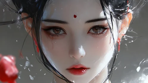 Moonlit geisha gaze in crimson silence and drifting petals.